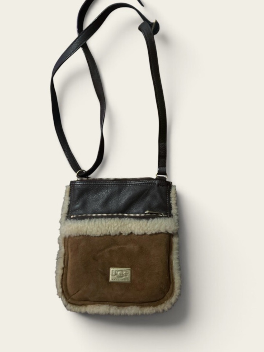 UGG Brown Suede and Black Leather Shearling Messenger Bag